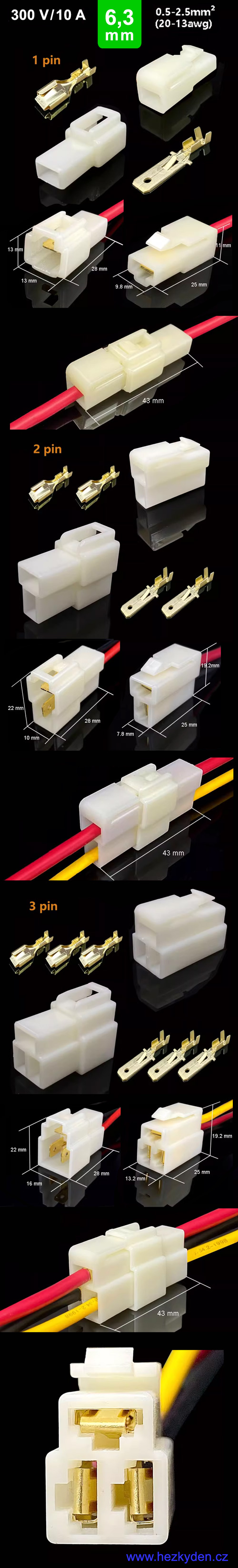 Auto-konektory s fastony sada 3 - rozměry