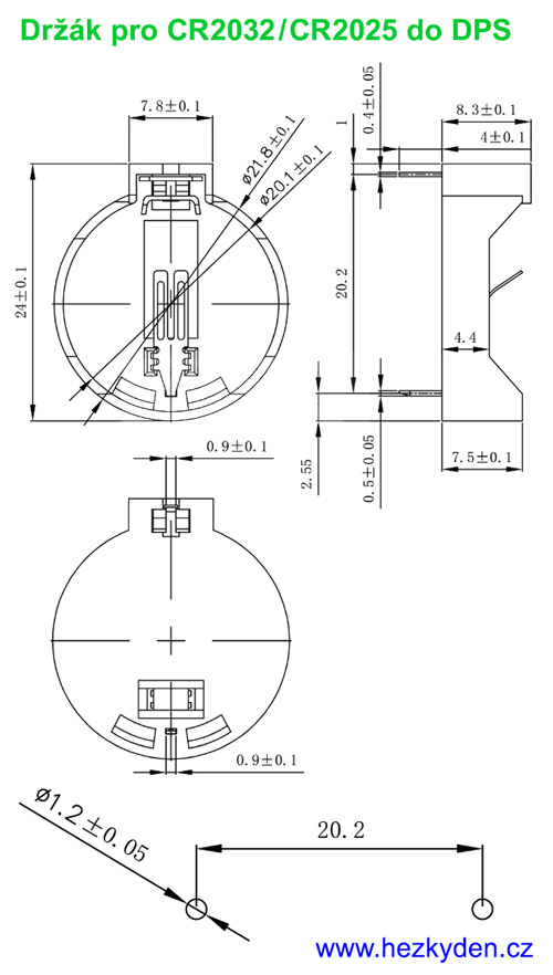 Bateriové pouzdro CR2032 DPS rozměry Bateriové pouzdro CR2032 DPS rozměry