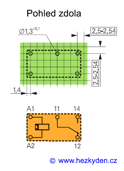 Bistabilní relé PE014F12 TE Schrack - rastr a zapojení vývodů