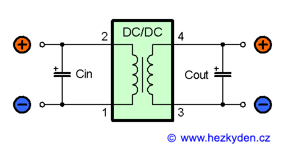 Izolovaný DC/DC měnič - schéma zapojení s kondenzátory
