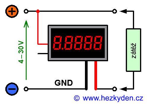 Digitální ampérmetr - napájení z měřeného obvodu (se společnou zemí)