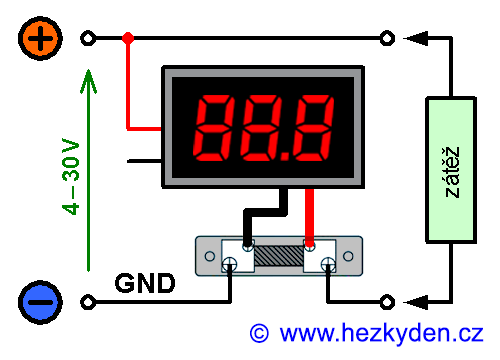 Digitální ampérmetr s externím bočníkem - napájení z měřeného obvodu (se společnou zemí)