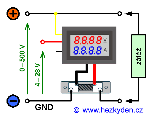 Kombinovaný voltmetr/ampérmetr - základní zapojení