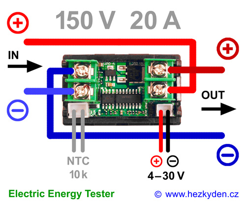 OLED Energy Multimeter 150 V 20 A - zapojení