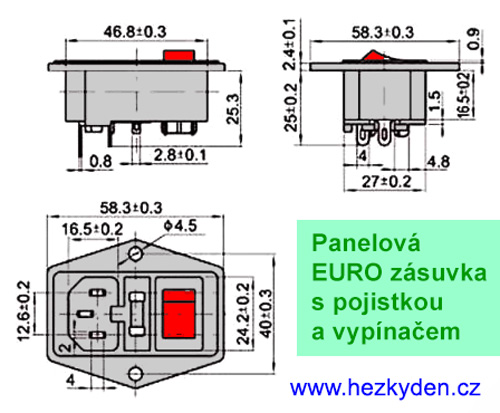 Síťová panelová EURO zásuvka s pojistkou a vypínačem - rozměry
