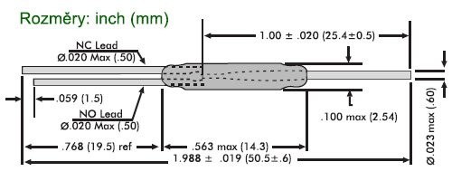 Jazýčkové kontakty přepínací - rozměry