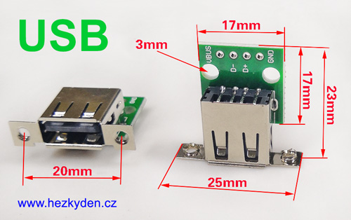 Konektor USB 2.0 typ A zásuvka panelová - rozměry