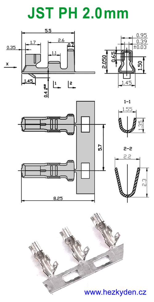 JST PH2.0 - rozměry pinu