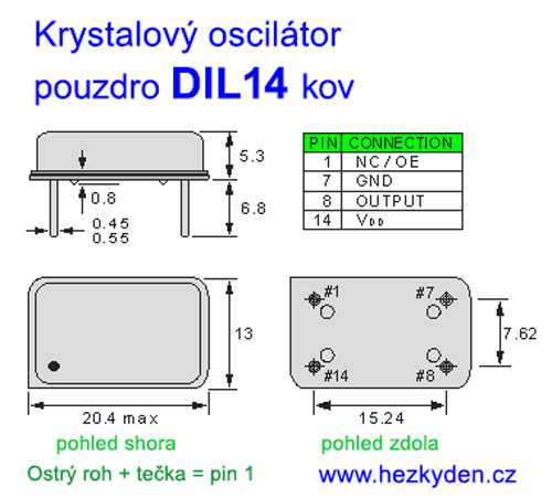Krystalový oscilátor - pouzdro DIL14 - rozměry