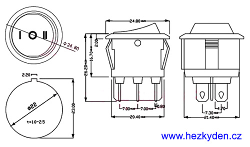 Kulaté kolébkové přepínače - rozměry