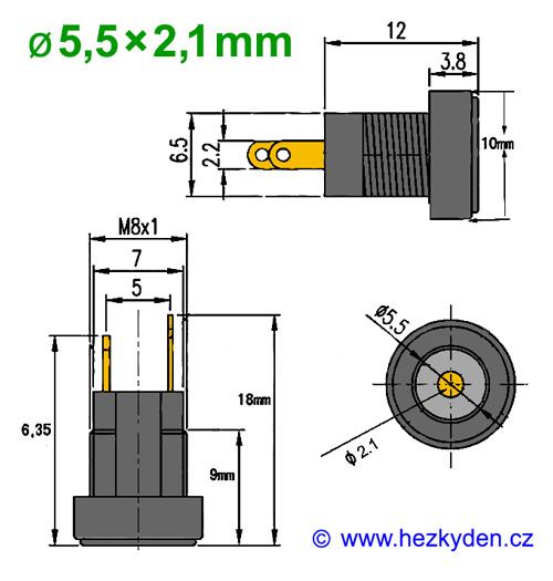 Napájecí konektor 2,1/5,5 mm do panelu - rozměry