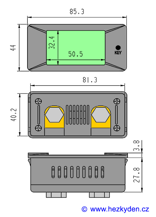Panelový multifunkční wattmetr LCD 300V 50/100/200/300A DC - rozměry