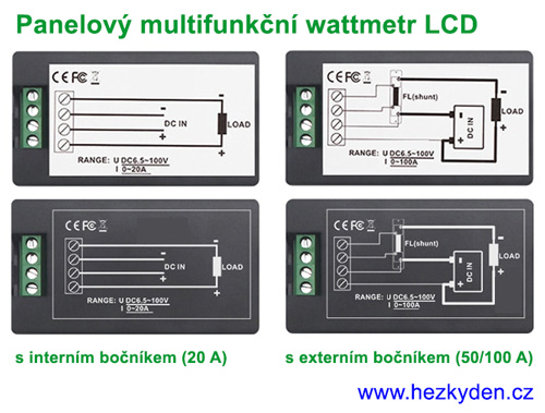 Panelový multifunkční wattmetr LCD 100V 20/50/100A DC - zapojení