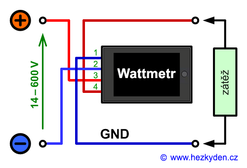 Panelový multifunkční wattmetr LCD 600V 20A DC - zapojení