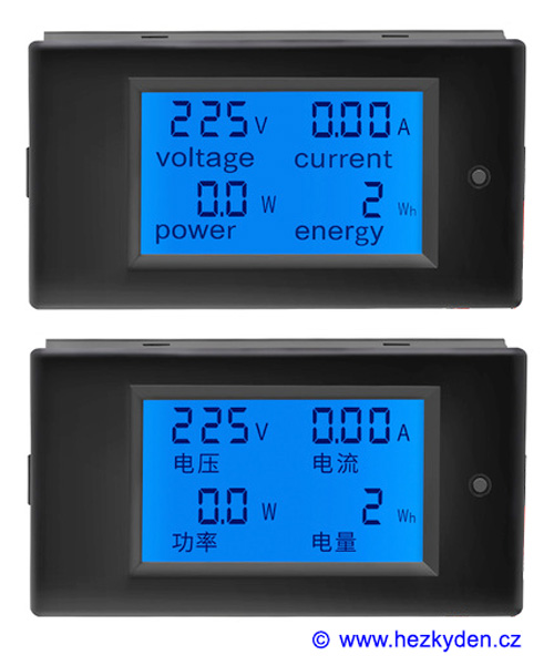 LCD panelový wattmetr a elektroměr - displej