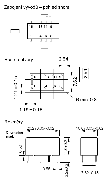 Relé řady MT2 - zapojení vývodů, rozměry a rastr