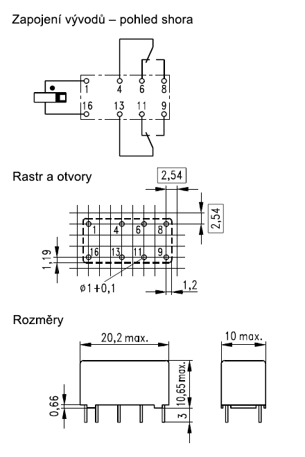 Relé řady V23042 - zapojení vývodů, rozměry a rastr