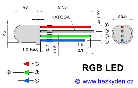 RGB LED 5mm - zapojení vývodů