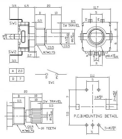Rotační spínač/enkodér/digitální potenciometr EC11 - výkres
