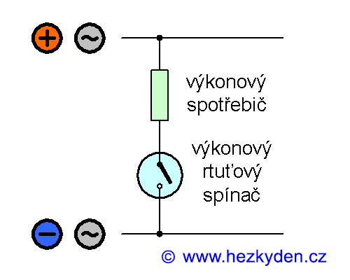 Běžné zapojení výkonového rtuťového spínače do obvodu