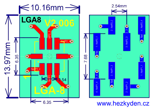 SMT adapter LGA8 DIP8 - rozměry