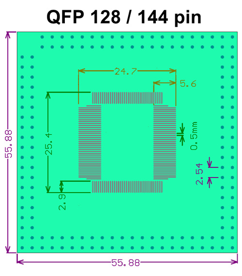 SMT adapter QFP128 QFP144 - rozměry