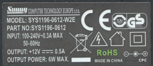 Spínaný zdroj adapter 12V 500mA - štítek
