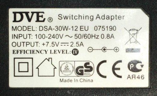  Spínaný zdroj adaptér 7,5 V/2,5 A - štítek