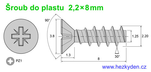 Šroub do plastu 2,2x8mm zapuštěná hlava - rozměry