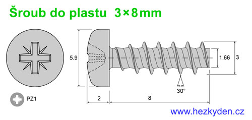 Šroub do plastu 3x8mm - rozměry