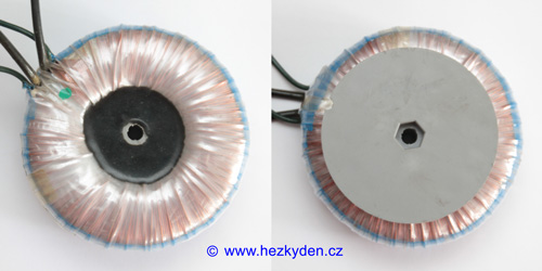 Trafo toroid 75 V/60 V - pohled shora a zdola