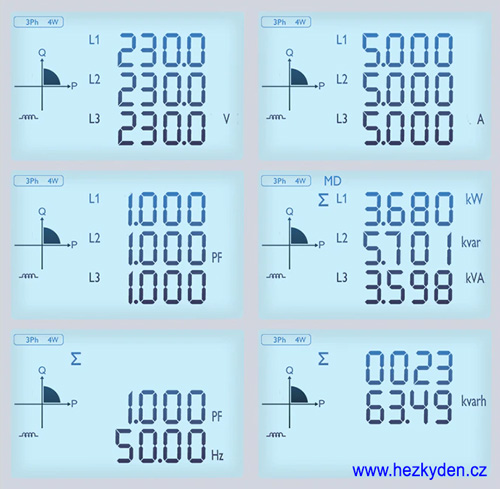 Třífázový multifunkční elektroměr na DIN lištu - displej