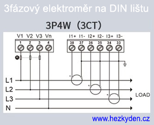 Třífázový multifunkční elektroměr na DIN lištu - připojení