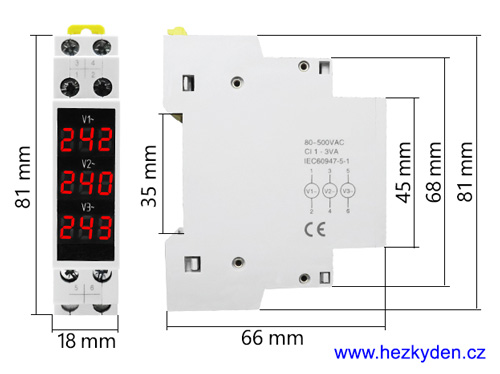 Třífázový voltmetr na DIN lištu - rozměry