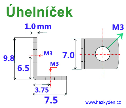 Úhelník M3 - rozměry