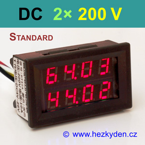 Dvojitý panelový digitální voltmetr DC 2x 200V červeno-červený