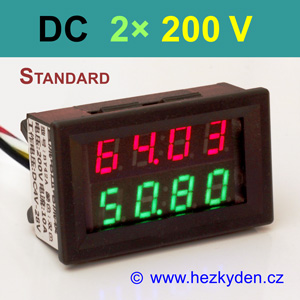 Dvojitý panelový digitální voltmetr DC 2x 200V červeno-zelený