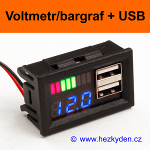 Panelový digitální LED voltmetr bargraf USB - modrý