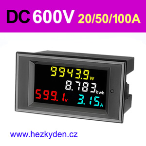 Panelový multifunkční wattmetr LCD 600V 20/50/100A DC