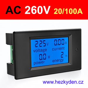 LCD panelový wattmetr a elektroměr 230V 20/100 A
