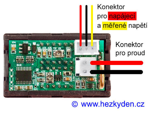 Kombinovaný voltmetr/ampérmetr 2x4 místa - připojení konektorů
